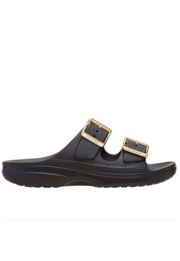 Klapki damskie Crocs Metallic Buckle Saturday 213316-001 - czarne. Okazja: na co dzień. Kolor: czarny. Wzór: paski. Sezon: lato. Styl: casual, elegancki