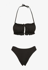 Born2be - Czarne Bikini Wiązany Biustonosz z Marszczeniem Majtki Typu Figi Folilisse. Kolor: czarny. Wzór: aplikacja #3