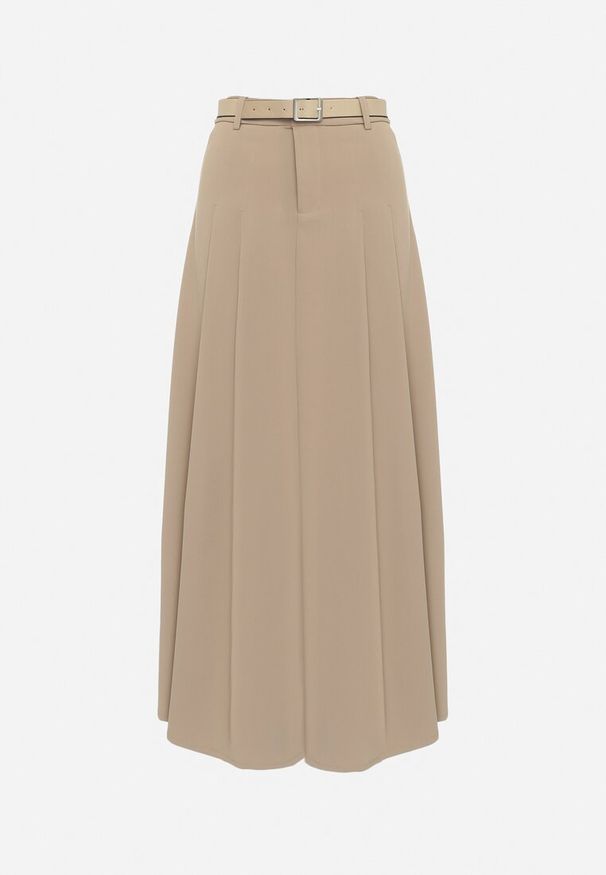 Born2be - Beżowa Spódnica Rozkloszowana Maxi z Paskiem z Klamrą Sawen. Kolor: beżowy. Styl: elegancki