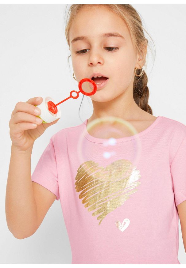 bonprix - Sukienka z dżerseju z czystej bawełny organicznej (2 szt.). Kolor: różowy. Materiał: jersey, bawełna. Długość rękawa: krótki rękaw. Wzór: nadruk. Typ sukienki: rozkloszowane