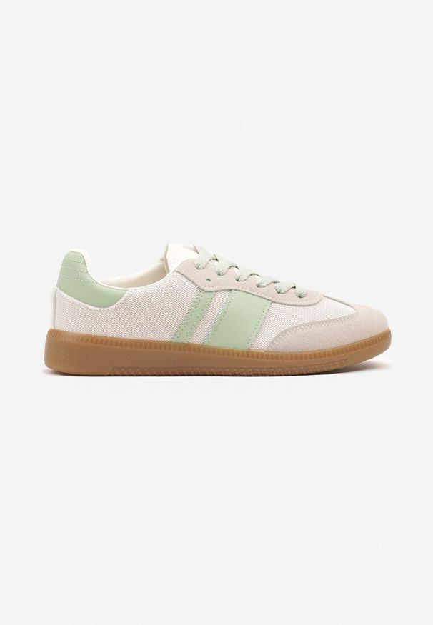 Renee - Biało-Zielone Sneakersy na Kauczukowej Podeszwie Ozdobione Paskami Emidi. Okazja: na co dzień. Zapięcie: pasek. Kolor: biały. Materiał: kauczuk. Wzór: aplikacja. Obcas: na obcasie. Wysokość obcasa: niski