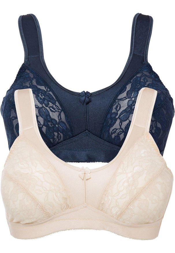 bonprix - Biustonosz odciążający bez fiszbinów z wyściełanymi ramiączkami (2 szt.). Kolor: niebieski. Materiał: koronka. Rodzaj stanika: wyściełane miseczki, różne sposoby noszenia. Wzór: aplikacja, koronka