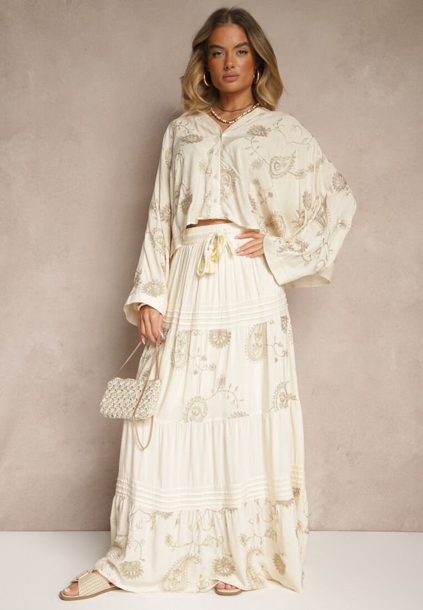 Renee - Beżowy Wiskozowy Komplet Boho z Koszulą o Nietoperzowym Kroju i Spódnicą Separia. Kolor: beżowy. Materiał: wiskoza. Wzór: aplikacja