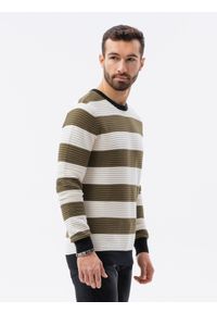 Ombre Clothing - Sweter męski w paski E189 - oliwkowy - XXL. Kolor: oliwkowy. Materiał: bawełna, dzianina. Wzór: paski. Styl: klasyczny