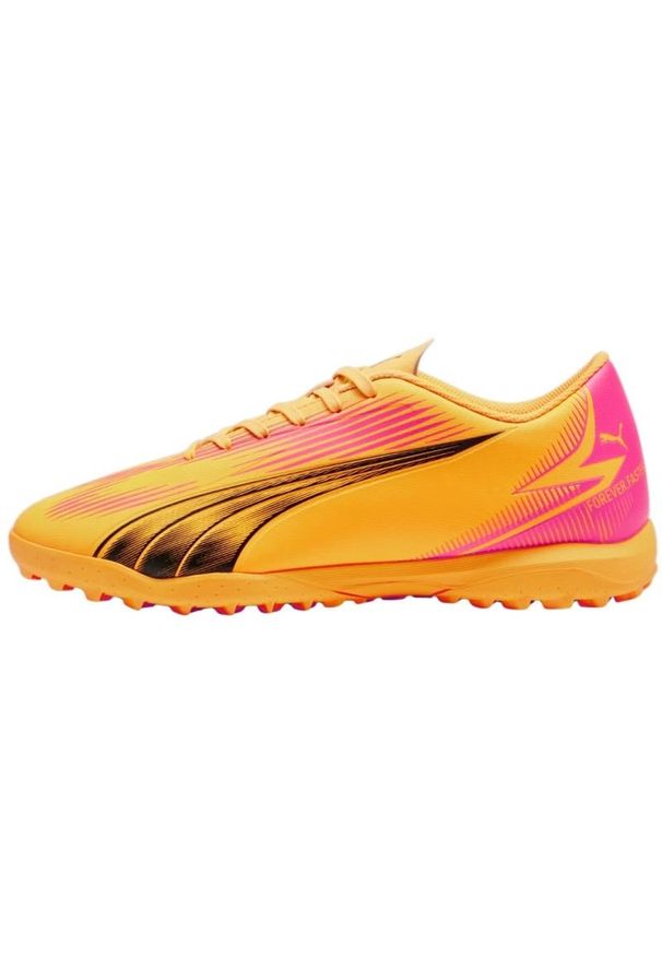 Buty piłkarskie Puma Ultra Play Tt 107779 03 pomarańczowe. Zapięcie: sznurówki. Kolor: pomarańczowy. Materiał: guma, syntetyk. Szerokość cholewki: normalna. Wzór: nadruk. Sport: piłka nożna