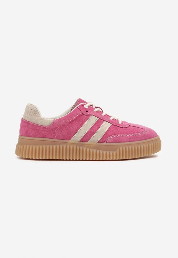 Born2be - Fuksjowe Skórzane Sneakersy Klasyczne Tenisówki z Zamszu Naturalnego Teniresela. Okazja: na co dzień. Kolor: różowy. Materiał: zamsz, skóra