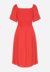 Born2be - Czerwona Rozkloszowana Sukienka Bawełniana z Bufiastymi Rękawami i Elastyczną Górą Veliova. Okazja: na co dzień. Kolor: czerwony. Materiał: bawełna. Styl: casual, elegancki #7