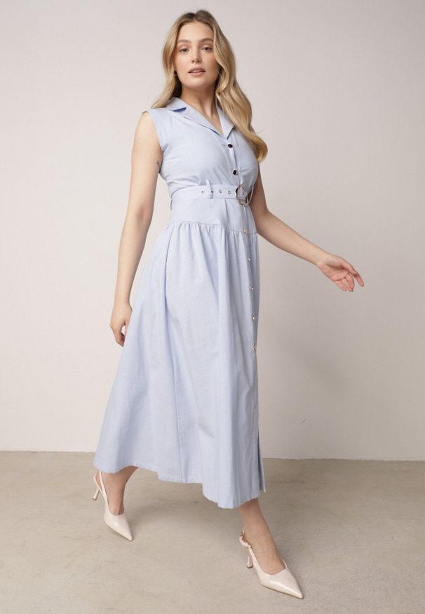 Born2be - Niebieska Koszulowa Sukienka Bez Rękawów z Wiskozy i Bawełny z Paskiem Suranon. Okazja: na co dzień. Kolor: niebieski. Materiał: wiskoza, bawełna. Długość rękawa: bez rękawów. Sezon: wiosna, lato. Typ sukienki: koszulowe. Styl: casual, elegancki, klasyczny