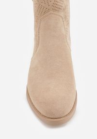 Renee - Ciemnobeżowe Ażurowe Botki na Słupku Typu Kowbojki Iolerine. Okazja: na co dzień. Kolor: beżowy. Materiał: jeans. Wzór: ażurowy. Obcas: na słupku. Styl: casual #9