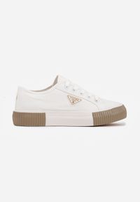 Renee - Biało-Beżowe Trampki VICES na Żłobionej Platformie Zdobione Trójkątną Aplikacją Lorerina. Nosek buta: okrągły. Zapięcie: sznurówki. Kolor: biały. Materiał: materiał. Wzór: aplikacja. Obcas: na platformie. Wysokość obcasa: niski #4