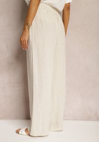 Renee - Jasnobeżowe Spodnie z Szerokimi Prostymi Nogawkami High Waist z Lnem Amivesa. Okazja: do pracy, na spotkanie biznesowe. Stan: podwyższony. Kolor: beżowy. Materiał: len. Styl: biznesowy