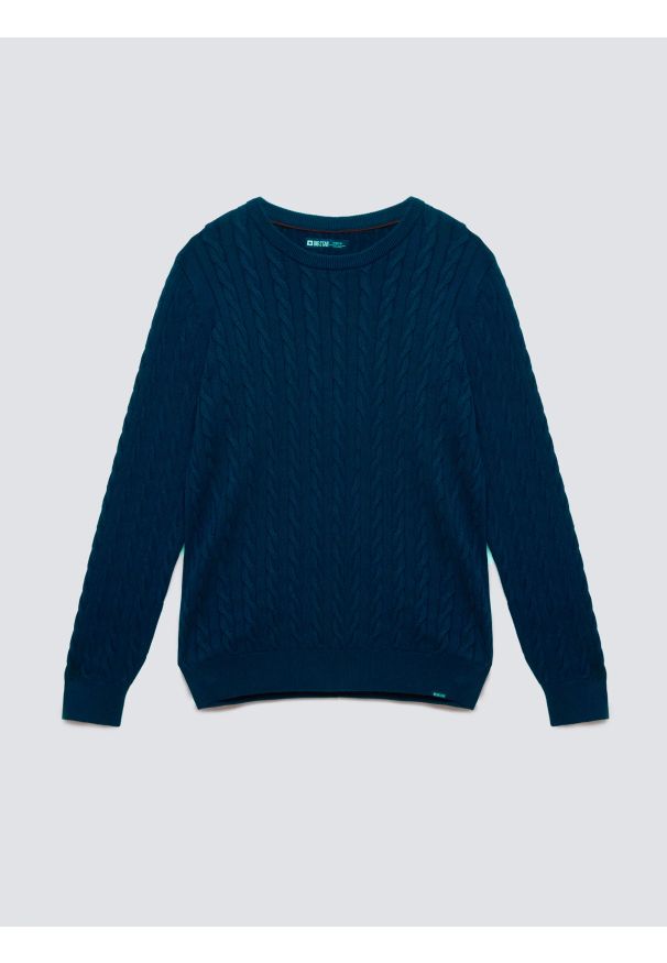 Big-Star - Sweter męski ze splotem warkoczowym granatowy Amaris 403. Kolor: niebieski. Materiał: bawełna, jeans, materiał, dzianina. Wzór: ze splotem. Styl: klasyczny, elegancki