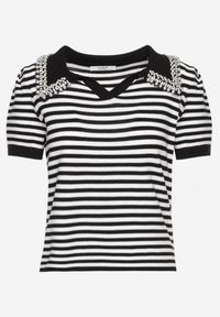 Renee - Czarno-Biała Wiskozowa Bluzka w Paski ze Zdobieniami na Kołnierzyku Veniala. Okazja: na spotkanie biznesowe. Kolor: czarny. Materiał: wiskoza. Długość rękawa: krótki rękaw. Długość: krótkie. Wzór: aplikacja, paski. Styl: biznesowy, elegancki, retro #7