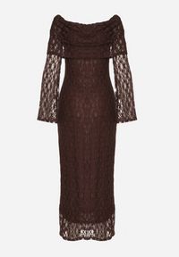 Born2be - Brązowa Koktajlowa Sukienka z Odkrytymi Ramionami z Koronki Eperrie. Kolor: brązowy. Materiał: koronka. Wzór: koronka. Typ sukienki: z odkrytymi ramionami. Styl: wizytowy. Długość: midi #2