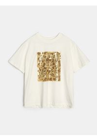 Sinsay - Bawełniana koszulka z nadrukiem - kremowy. Kolor: kremowy. Materiał: bawełna. Wzór: nadruk #1