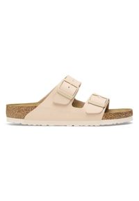 Birkenstock - BIRKENSTOCK ARIZONA BF NEW BEIGE Klapki damskie. Okazja: na co dzień. Kolor: beżowy. Materiał: materiał, skóra. Wzór: paski. Sezon: lato. Styl: elegancki, casual, klasyczny #1