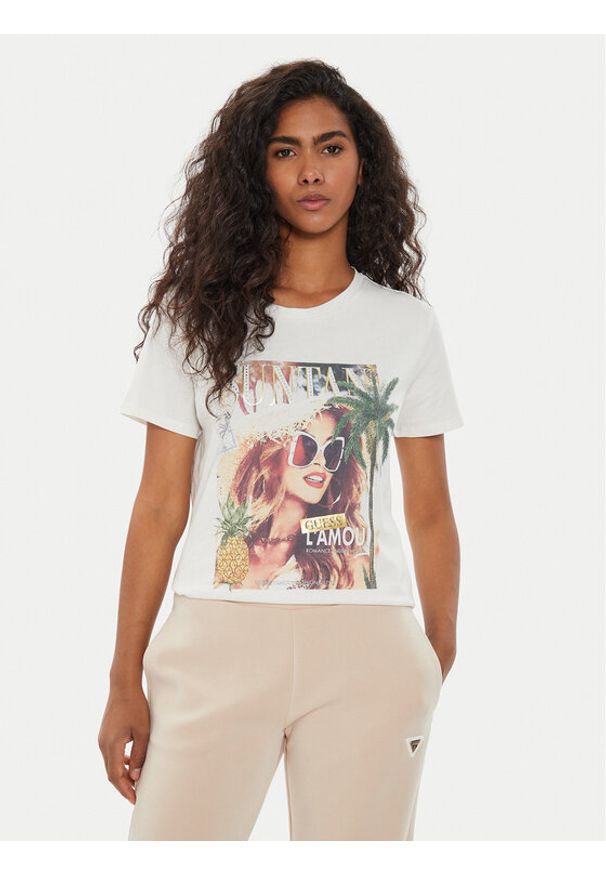 Guess T-Shirt W4YI46 K9RM1 Écru Regular Fit. Materiał: bawełna