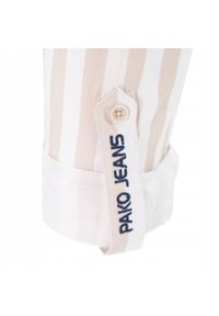 Biała, Lekko Taliowana Koszula Męska - Pako Jeans - Beżowy Prążek. Okazja: na co dzień. Kolor: brązowy, beżowy, wielokolorowy. Materiał: wiskoza, bawełna. Wzór: paski. Styl: casual #5