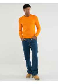 Big-Star - Sweter męski klasyczny pomaraŅczowy Olson 701. Kolor: pomarańczowy. Materiał: skóra, bawełna. Wzór: prążki, ze splotem, aplikacja. Styl: klasyczny #1