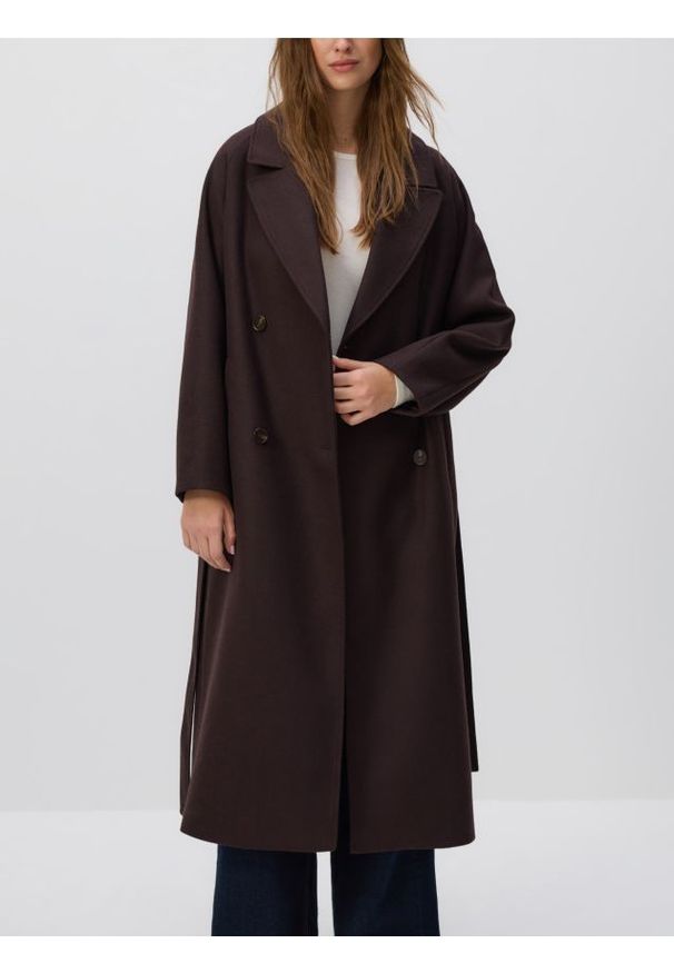 Reserved - Płaszcz z domieszką wełny - ciemnobrązowy. Kolor: brązowy. Materiał: wełna