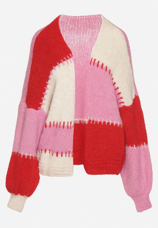 Born2be - Fuksjowy Kardigan z Wełną i Wiskozą w Patchworkowe Łaty Fesunesa. Okazja: na co dzień. Kolor: różowy. Materiał: wełna, wiskoza. Styl: klasyczny, casual