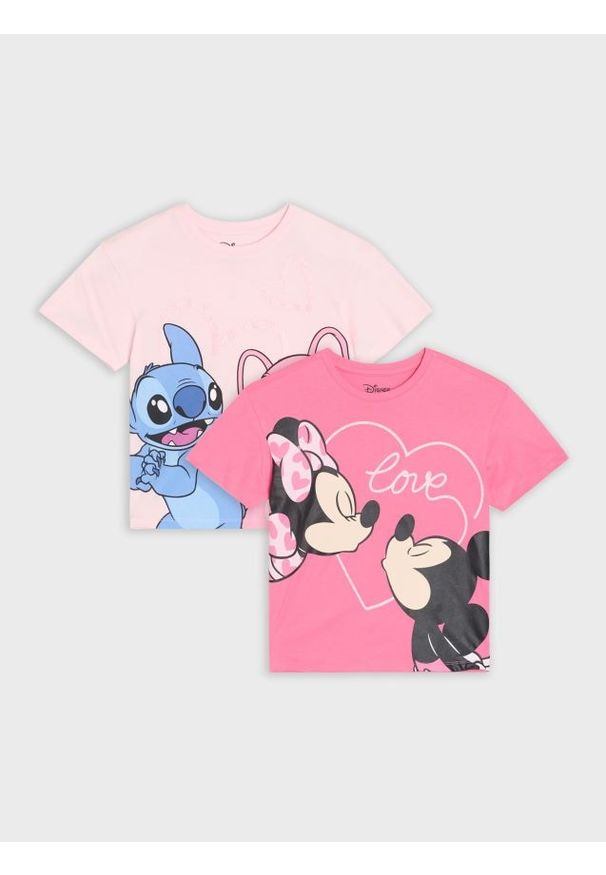 Sinsay - Bawełniane koszulki z nadrukiem Minnie and Stitch 2 pack - kremowy. Kolor: kremowy. Materiał: bawełna. Wzór: nadruk