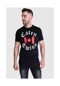 DSQUARED2 T-shirt męski, czarny z nadrukiem ,,caten twins, Rozmiar M. Kolor: czarny. Materiał: prążkowany, bawełna. Wzór: nadruk