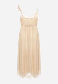 Born2be - Beżowa Sukienka na Ramiączkach z Gumką w Talii i Falbanką Watalia. Okazja: na imprezę. Kolor: beżowy. Materiał: materiał. Długość rękawa: na ramiączkach. Sezon: lato #7