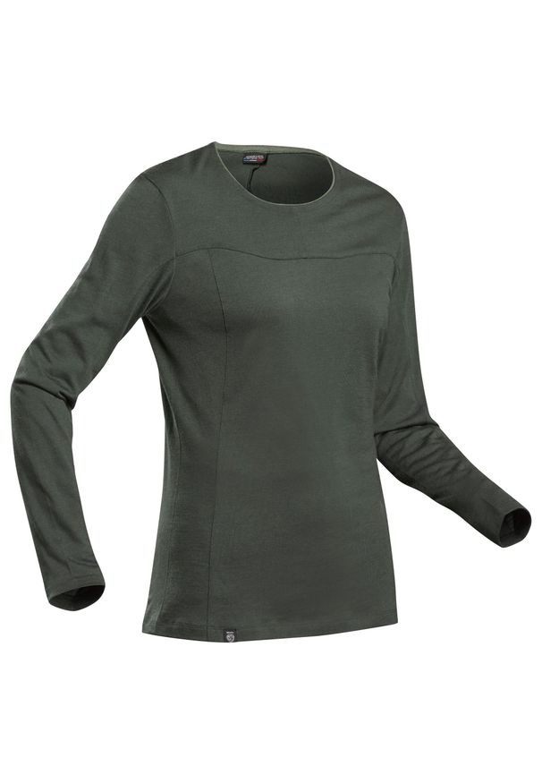 FORCLAZ - Koszulka trekkingowa damska z długim rękawem Forclaz MT500 merino. Kolor: zielony. Materiał: wełna, poliamid, materiał. Długość rękawa: długi rękaw. Długość: długie. Sezon: zima, lato