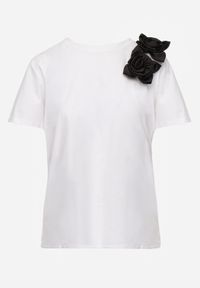 Renee - Biało-Czarny Bawełniany T-shirt o Klasycznym Kroju z Kwiatowymi Aplikacjami 3D Morgane. Okazja: do pracy. Kolor: biały. Materiał: bawełna. Wzór: kwiaty, aplikacja. Styl: klasyczny #7