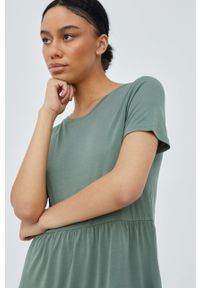 Vero Moda sukienka kolor zielony mini rozkloszowana. Kolor: zielony. Materiał: włókno, dzianina. Długość rękawa: krótki rękaw. Wzór: gładki. Typ sukienki: rozkloszowane. Długość: mini #5