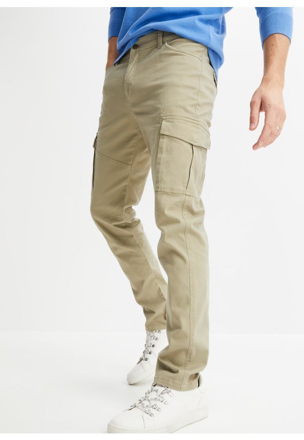 bonprix - Spodnie bojówki Slim Fit Straight ze stretchem. Kolor: beżowy