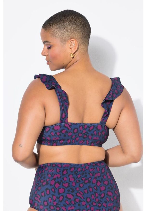 ULLA POPKEN - Damski Top od bikini miękkie miseczki kolorowy wzór w panterkę. Kolekcja: plus size. Kolor: niebieski. Materiał: poliester, elastan, poliamid, materiał. Wzór: kolorowy, motyw zwierzęcy
