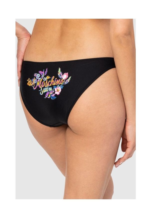 MOSCHINO Czarny dół od bikini z kwiecistym logo, Rozmiar S. Kolor: czarny. Wzór: nadruk, kwiaty