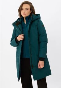 Volcano - Wodoodporny, zimowy płaszcz J-ISLA. Okazja: na co dzień. Kolor: turkusowy. Materiał: syntetyk, materiał, puch, polar. Wzór: napisy. Sezon: zima. Styl: casual #1