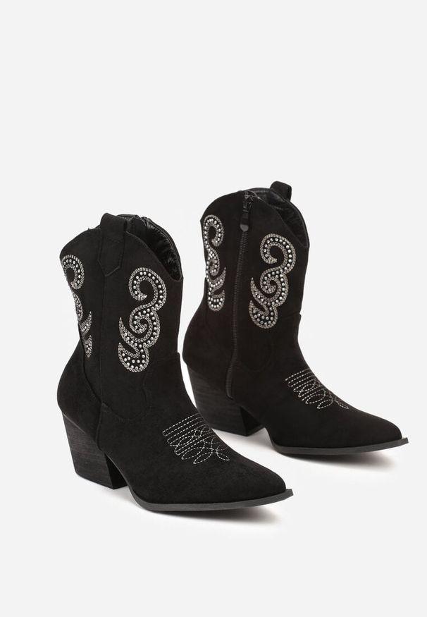 Renee - Czarne Botki na Stożku w Stylu Kowbojek Ozdobione Cyrkoniami Ansitha. Okazja: na co dzień. Kolor: czarny. Materiał: tkanina, jeans. Wzór: aplikacja. Obcas: na stożku. Styl: wizytowy, elegancki, boho, casual. Wysokość obcasa: średni