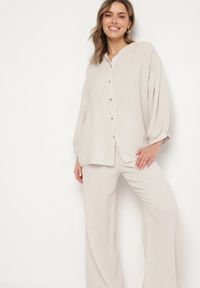 Born2be - Beżowy Muślinowy Komplet z Bawełny o Kroju Oversize Koszula i Szerokie Spodnie Ziselia. Kolor: beżowy. Materiał: bawełna. Wzór: aplikacja #4
