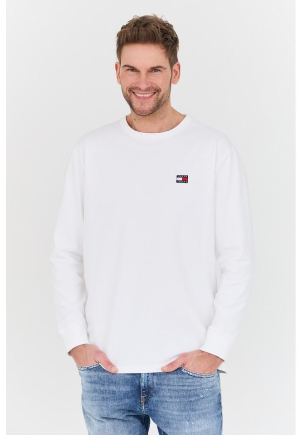 Tommy Jeans - TOMMY JEANS Biały męski longsleeve, Rozmiar L. Kolor: biały. Długość rękawa: długi rękaw