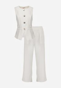 Renee - Biały Komplet z Bawełną w Garniturowym Stylu Kamizelka i Spodnie Meloreida. Kolor: biały. Materiał: bawełna. Wzór: gładki #7