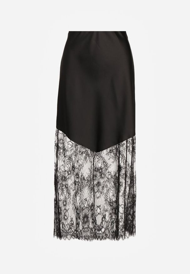 Renee - Czarna Koktajlowa Spódnica z Satyny z Koronką Avelori. Kolor: czarny. Materiał: satyna, koronka. Wzór: koronka. Styl: wizytowy