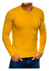 Ombre Clothing - Sweter męski - żółty E74 - XL. Typ kołnierza: dekolt w serek. Kolor: żółty. Materiał: materiał, bawełna, nylon. Styl: klasyczny