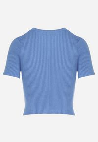 Born2be - Niebieski Krótki T-shirt z Prążkowanej Dzianiny Clutia. Kolor: niebieski. Materiał: dzianina, prążkowany. Długość: krótkie #5