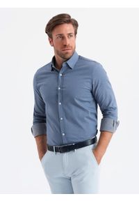 Ombre Clothing - Koszula męska SLIM FIT z ozdobnej tkaniny – niebieska V1 - Rozmiar: S. Okazja: do pracy, na co dzień. Kolor: niebieski. Materiał: tkanina. Wzór: haft, aplikacja, ze splotem. Styl: klasyczny, casual #8