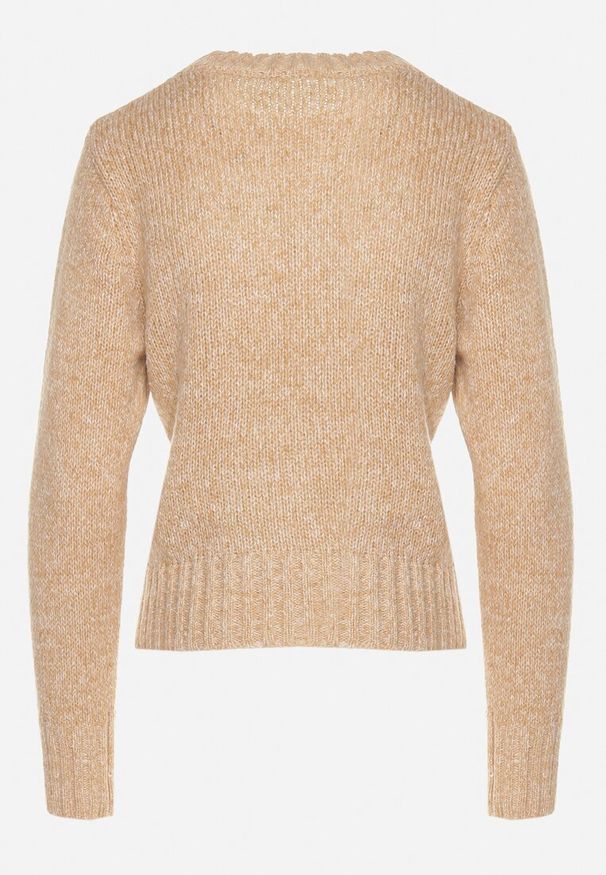 Born2be - Ciemnobeżowy Sweter z Bawełną Ozdobiony Cekinami Savalenne. Okazja: na co dzień. Kolor: beżowy. Materiał: bawełna. Długość rękawa: długi rękaw. Długość: długie. Wzór: aplikacja. Styl: casual, klasyczny