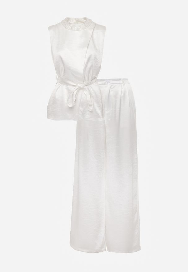 Renee - Biały Wiskozowy Komplet Elegancki z Satynowego Materiału Bluzka w Stylu Kimono i Szerokie Spodnie Adraxera. Kolor: biały. Materiał: wiskoza, materiał, satyna