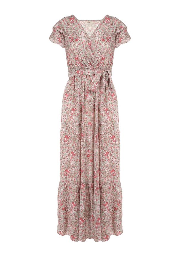 Born2be - Zielono-Czerwona Sukienka Rhenosyne. Okazja: na co dzień. Kolor: zielony. Materiał: materiał. Wzór: kolorowy, kwiaty. Sezon: lato. Typ sukienki: kopertowe, rozkloszowane. Styl: casual. Długość: maxi