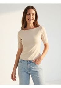 Sinsay - Bawełniana koszulka basic - kremowy. Kolor: kremowy. Materiał: bawełna