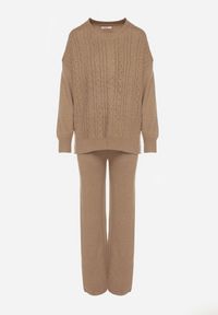 Born2be - Ciemnobeżowy Komplet Dzianinowy z Bawełną i Wełną Spodnie i Warkoczowy Sweter Errela. Kolor: beżowy. Materiał: wełna, bawełna, dzianina #5