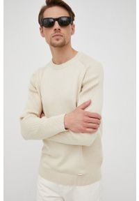 Hugo - HUGO sweter z domieszką wełny męski kolor beżowy lekki. Okazja: na co dzień. Kolor: beżowy. Materiał: wełna. Długość rękawa: długi rękaw. Długość: długie. Styl: casual