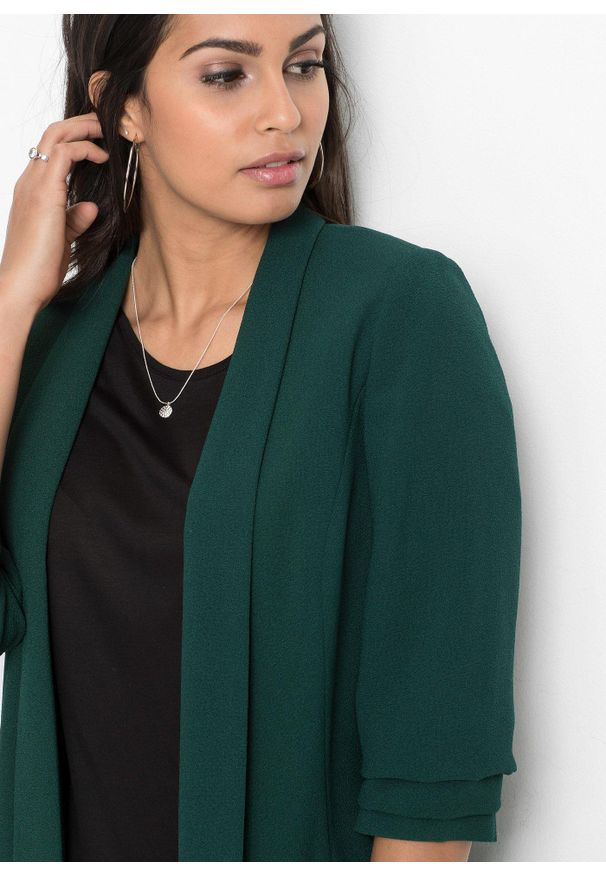 bonprix - Długi żakiet z drapowanymi rękawami. Kolor: zielony. Długość: długie. Styl: elegancki